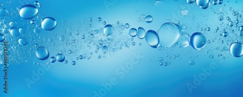 Macro water drops in blue clear drinking water, panorama banner. Generative Ai.