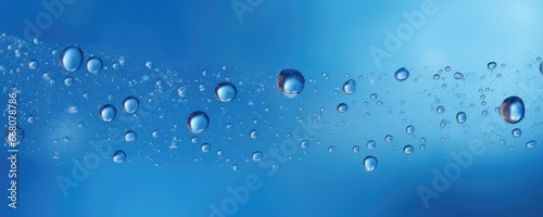 Macro water drops in blue clear drinking water, panorama banner. Generative Ai.