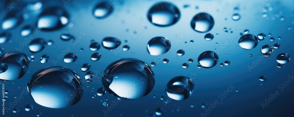 Macro water drops in blue clear drinking water, panorama banner. Generative Ai. Macro water drops in blue clear drinking water, panorama banner. Generative Ai.