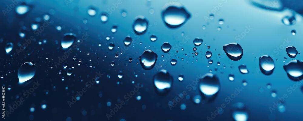 Macro water drops in blue clear drinking water, panorama banner. Generative Ai. Macro water drops in blue clear drinking water, panorama banner. Generative Ai.