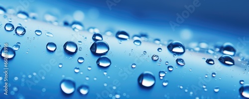 Macro water drops in blue clear drinking water, panorama banner. Generative Ai.