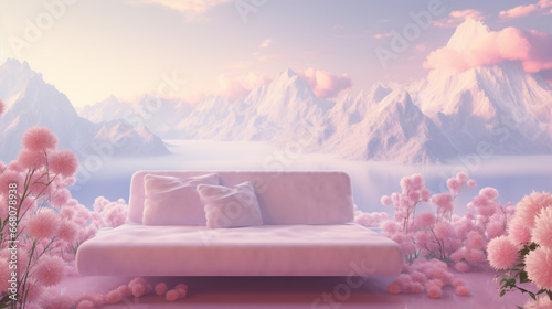 landscape view from room  pink pastel theme  mountains
