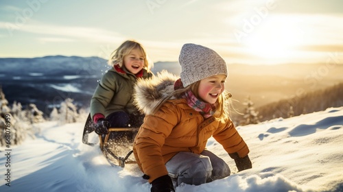 Canvastavla Happy children riding sledge, two smiling girls in joy sled down a snowy mountai