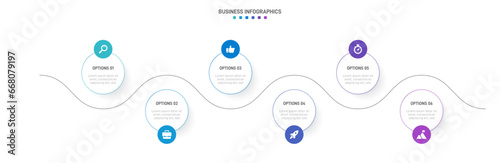 Timeline infographic with infochart. Modern presentation template with 6 spets for business process. Website template on white background for concept modern design. Horizontal layout.
