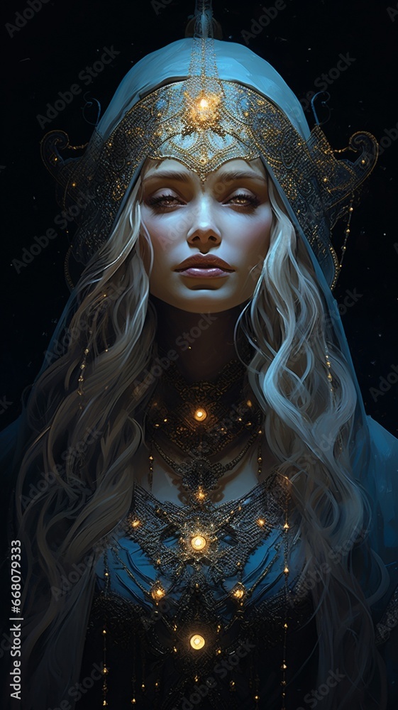 Young smiling fantasy high priestess dark background picture Ai generated art Young smiling fantasy high priestess dark background picture Ai generated art