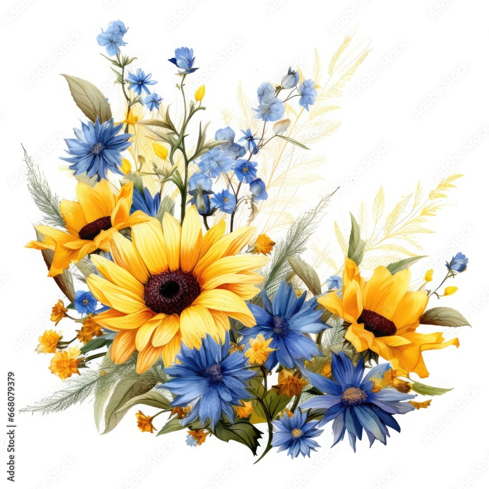 Create a beautiful design with a sunflower border, floral frame, and a field wildflowers border in yellow and blue colors