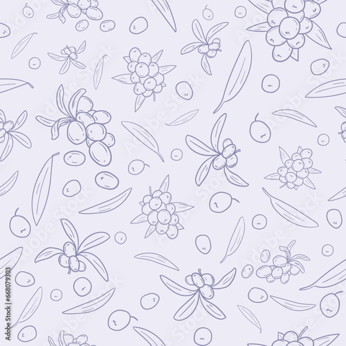 Seamless vector pattern for gift paper with sea buckthorn berries on a branch on a light background