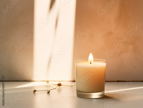 Minimalist burning wax candle in clear glass on natural beige stone background with copy space, styled commercial product mockup