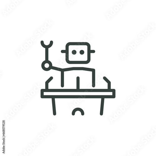 Thin Outline Icon Robot Politician on Podium Such Line Symbol Eroded Epistemic Bot AI Technology Artificial Intelligence Robotics Vector Isolated Custom Pictogram on White Background Editable Stroke.