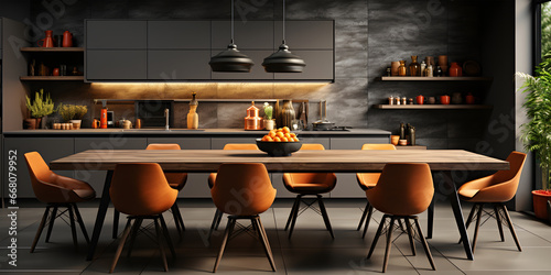 3d render of modern kitchen in loft style with black and orange furniture. ia generated