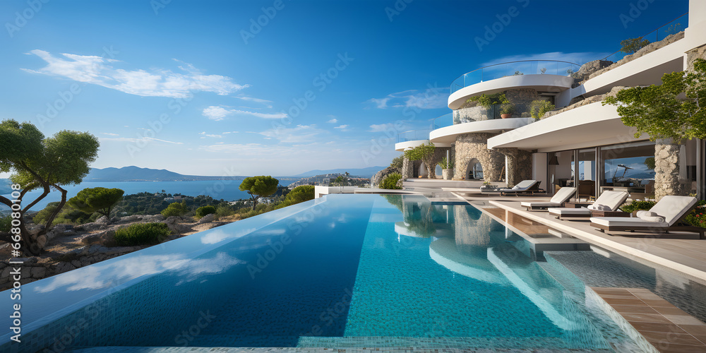 Infinity pool in luxury villa on the sea. 3d rendering. ia generated