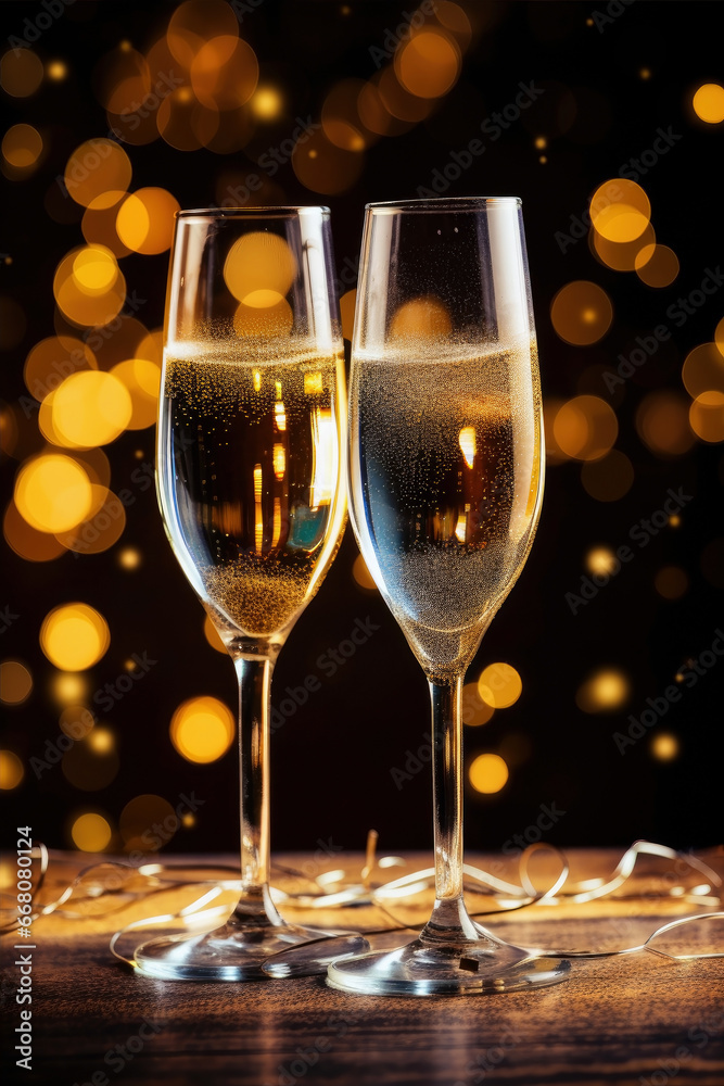 Glasses of champagne on a festive background, party or holiday concept. New Year or Christmas sparkling background. Gold and black colors. Glasses of champagne on a festive background, party or holiday concept. New Year or Christmas sparkling background. Gold and black colors.