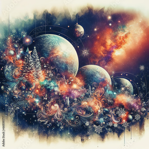 Christmas card with Christmas tree toys on the background of the universe
