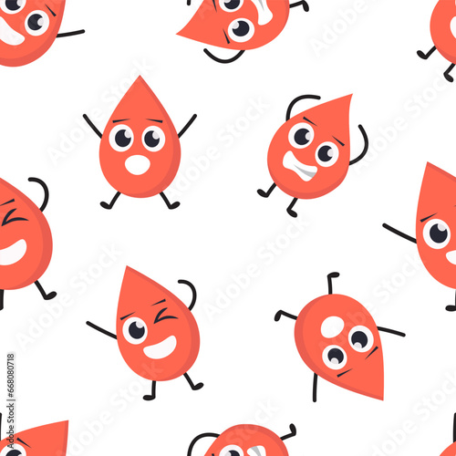 cute blood drop pattern. liquid transfusion donation symbol, healthy red bloody type cartoon characters, blood donor. vector cartoon flat minimalistic trendy characters seamless pattern. © artem0nika