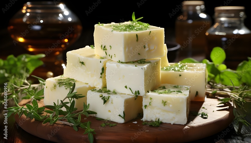 Feta cheese cubes with thyme twig and oil drops, isolated on white
