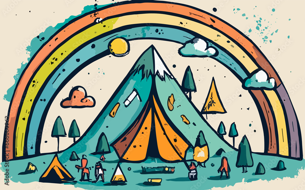 camping in the mountains with big rainbow, pastel style color design camping in the mountains with big rainbow, pastel style color design