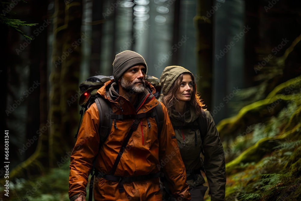 Couple trekking in a forest surrounded by trees