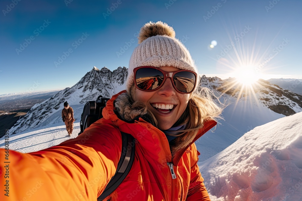 Woman mountaineer on snowy mountain backdrop taking a selfie
