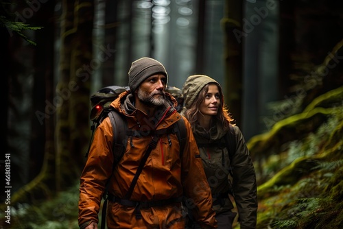 Couple trekking in a forest surrounded by trees