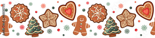 Christmas gingerbread cookies seamless horizontal border. Christmas holiday bakery. Vector winter season pattern. Cute Christmas and New Year illustration
