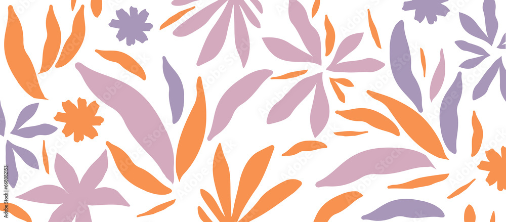 Hand drawn simple abstract leaves, flowers and other botanical elements. Random cutout tropical foliage collage, ornamental texture, cute decorative pattern. Isolated on a transparent background