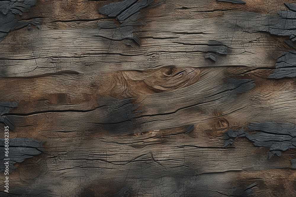 Fototapeta premium texture of old dark, burnt cracked wood with knots, generative AI