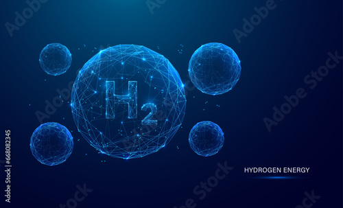 Hydrogen H2 gas molecule in low poly wireframe concept. Symbol h2 or fuel green energy. sustainable alternative clean renewable eco energy, the fuel of the future industry