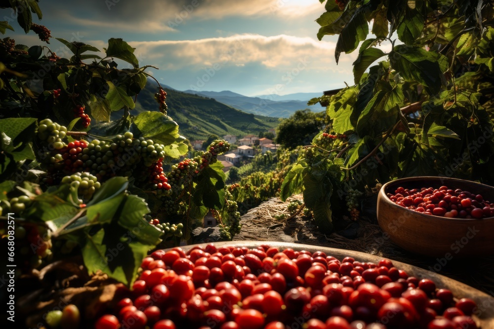 A lush coffee plantation, embodying a peaceful, warm, and sunny atmosphere. Wooden bowls filled with red unprocessed coffee beans. Generative Ai - obrazy, fototapety, plakaty 