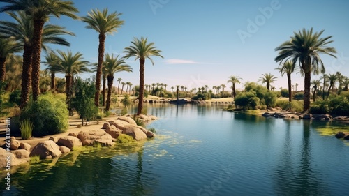 Artificial lake garden with palm trees photography image Ai generated art