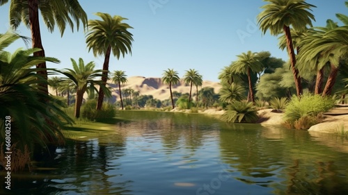Artificial lake garden with palm trees photography image Ai generated art © Manik007