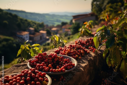 A lush coffee plantation, embodying a peaceful, warm, and sunny atmosphere. Wooden bowls filled with red unprocessed coffee beans. Generative Ai photo