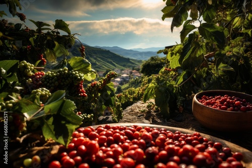 A lush coffee plantation, embodying a peaceful, warm, and sunny atmosphere. Wooden bowls filled with red unprocessed coffee beans. Generative Ai