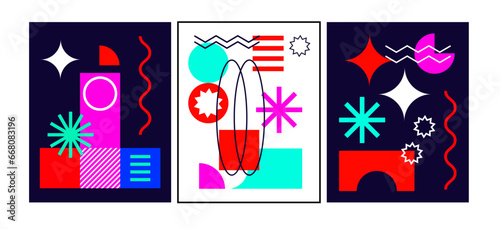 Brutalist posters set with abstract geometric shapes and naive grids. Brutal contemporary figure star oval spiral wave and other primitive elements. Swiss design aesthetic