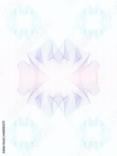 Light pink, purple, blue watermark background. One central big guilloche, 4 small elements at corners. Vector abstract line art pattern. Squiggle curve. Elegant design. Certificate template. Ai format