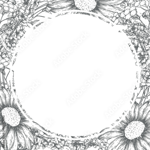 Vector square monochrome frame made of hand-drawn botanical elements with a place in the center for text for postcards, invitations and greetings