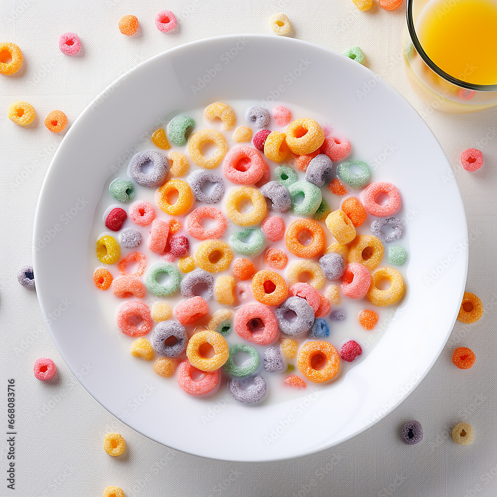 White bowl of fruit colored cereals on the white background with a glass of juice in the upper right corner