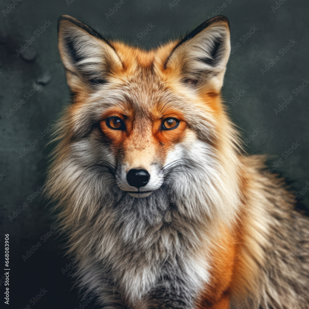 Fototapeta premium A orange furry fox with green eyes on the background 