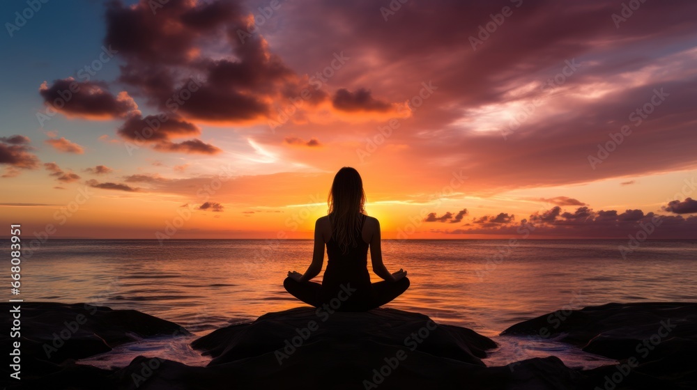Silhouette of a woman doing yoga by the sea during sunset, women and health