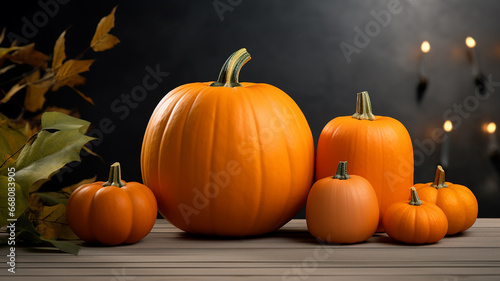 Several pumpkins of different shapes on a wooden table against a black wall