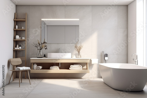 Interior of a modern light-colored tiled bathroom with a sink with a mirror and a bathtub