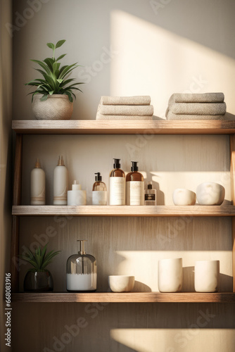 Three wooden shelves with bottles of cosmetics and towels on a beige wall in the bathroom in the sun. © Светлана Парникова