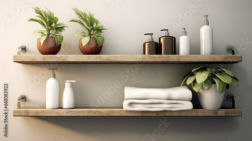 Two wooden shelves with bottles of cosmetics and towels on a beige wall in the bathroom.