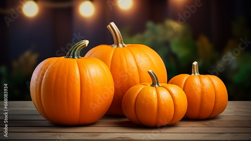 Round orange pumpkins on a wooden table against a dark background of foliage and lanterns