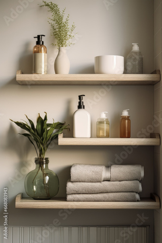 Two wooden shelves with skincare products and towels. Mockup