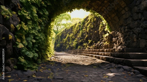 Basalt tunnel covered vines green pergola photography image Ai generated art