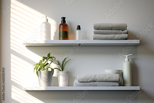 two shelves with towels and skincare products on a light wall. Mockup
