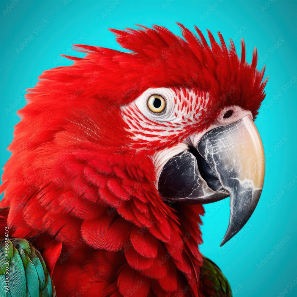 Obraz premium A red feathery parrot with green eyes 