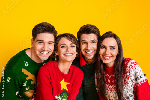 Portrait of best fellows buddies smiling enjoy christmas celebration isolated over vivid color background