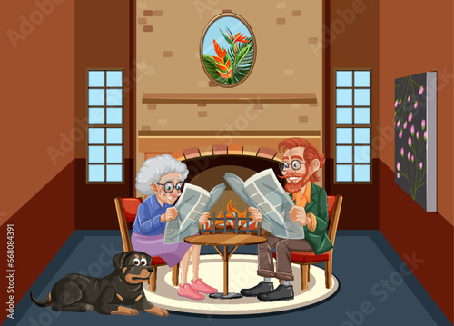 Old Grandparents Couple Reading Newspaper with Rottweiler Dog
