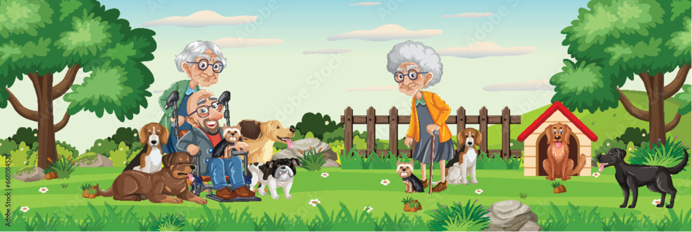 Fototapeta premium Elderly People Enjoy Park Outdoors with Their Pet Dogs